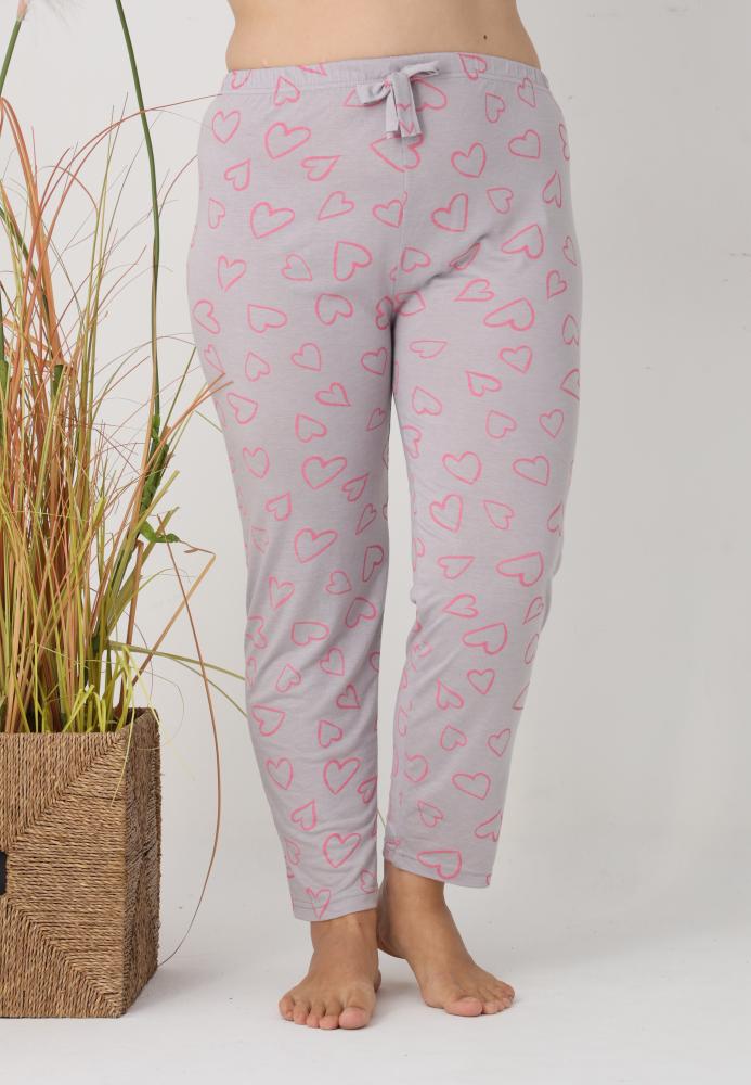 Pantaloni de Pijama Dama Lungi,Big Size,Culoare Gri cu Inimi Roz, Engros